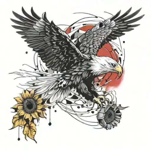 A fierce eagle soaring through the sky with a background of three sunflowers tattoo design idea