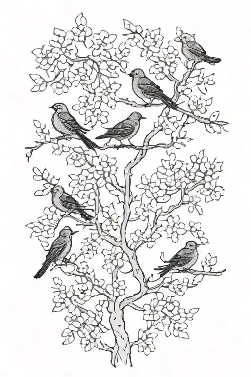 sideways skinny spooky dark cherry branch with minimal blossoms black and grey four solid black birds sitting on branch tattoo design idea