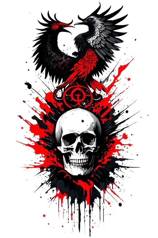 alpha and omega symbols, skulls and phoenixes in the form of a totem tattoo design idea