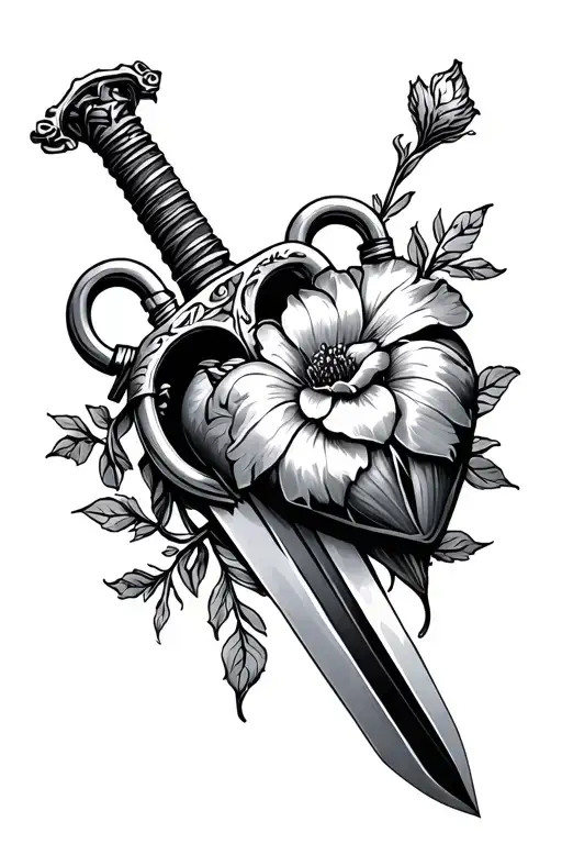 sword going stright down protecting  the heart lock with a  flower behind sword tattoo design idea