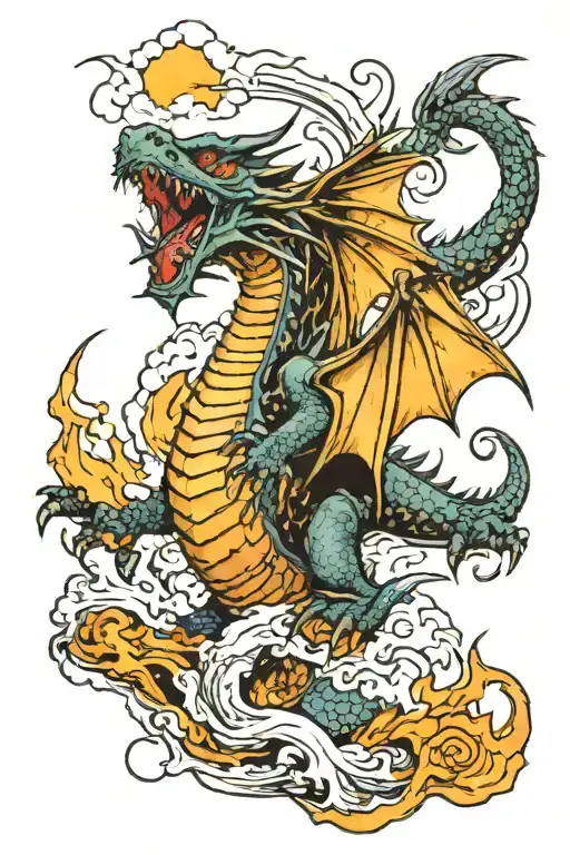 an injured dragon rising in a storm and breathing fire tattoo design idea