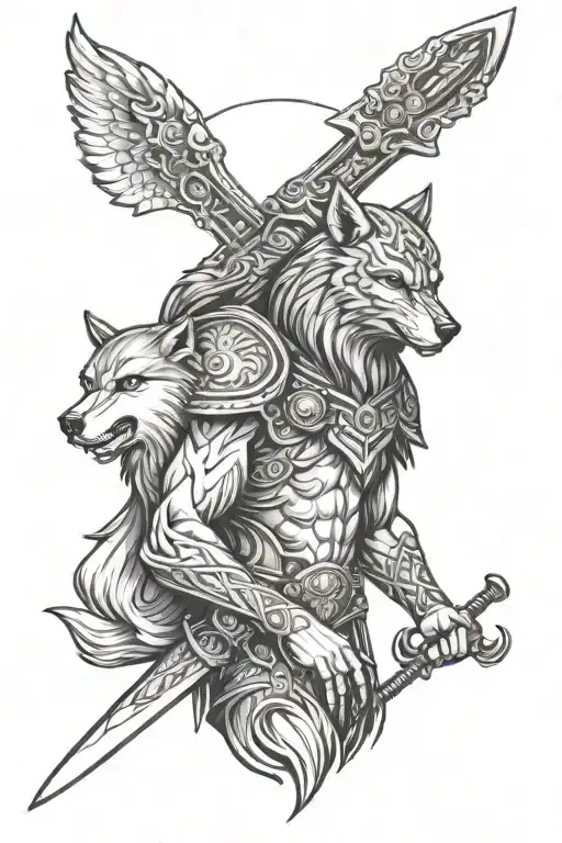 wolf, owl and warrior wielding a sword tattoo design idea