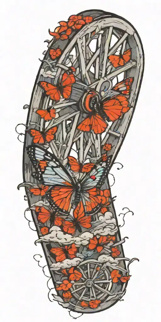 wagon wheel surrounded butterfly transition to stormy night sky transition to heavens tattoo design idea