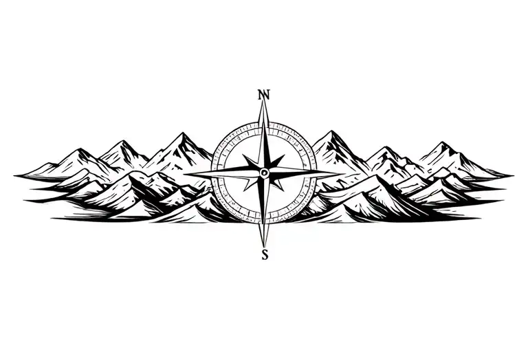 large compass with long north point surrounded by intricate geometric moutains and waves. grayscale.  tattoo design idea