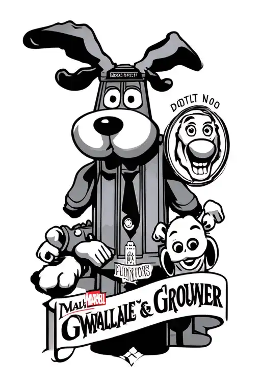  back and white tattoo half sleeve design including doctor who Marvel Avengers Plymouth Argyle FC Wallace and Gromit Vio tattoo design idea