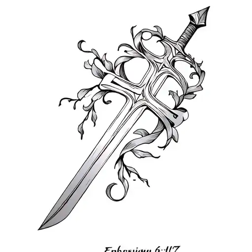 cross tattoo in shape of a sword, with ribbons or vines running around it and through it with Ephesians 6:10-17 on side tattoo design idea