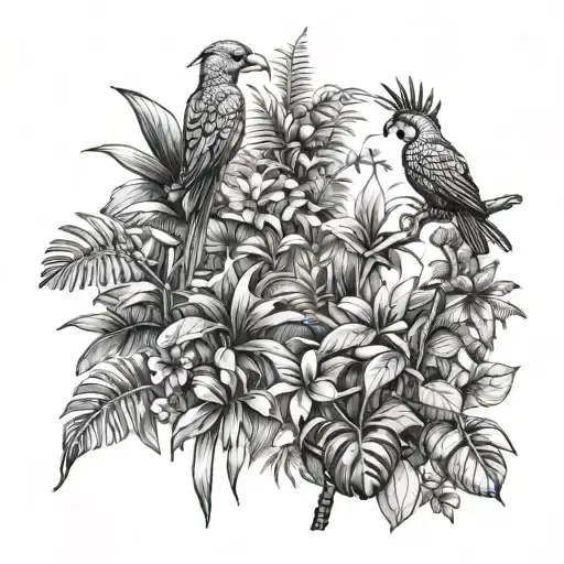 A tropical rainforest scene with exotic birds and lush vegetation tattoo design idea