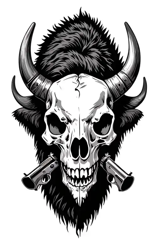 bison skulll with crossed revolvers and broken horns tattoo design idea