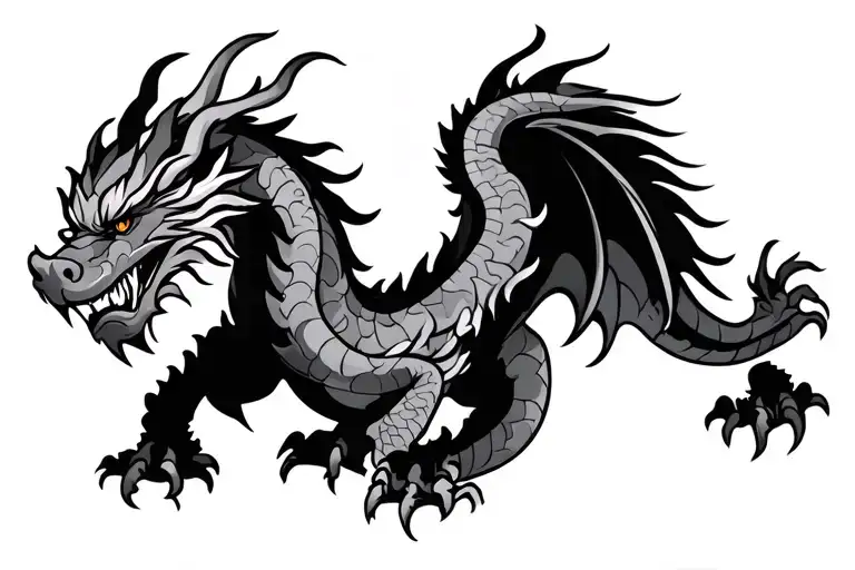 single head traditional Japanese dragon without wings black and grey full length design tattoo design idea