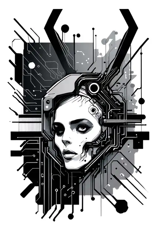 black and white cyberpunk tattoo inspired by altered carbon including circuit board shapes and polygons tattoo design idea
