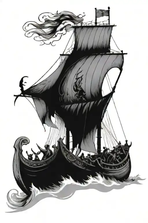 viking longship in sea with god of thunder in the sky tattoo design idea