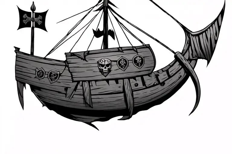 Viking ship with torn sails, broken planks, Viking shields on the sides, on the bow there is supposed to be a skull with tattoo design idea