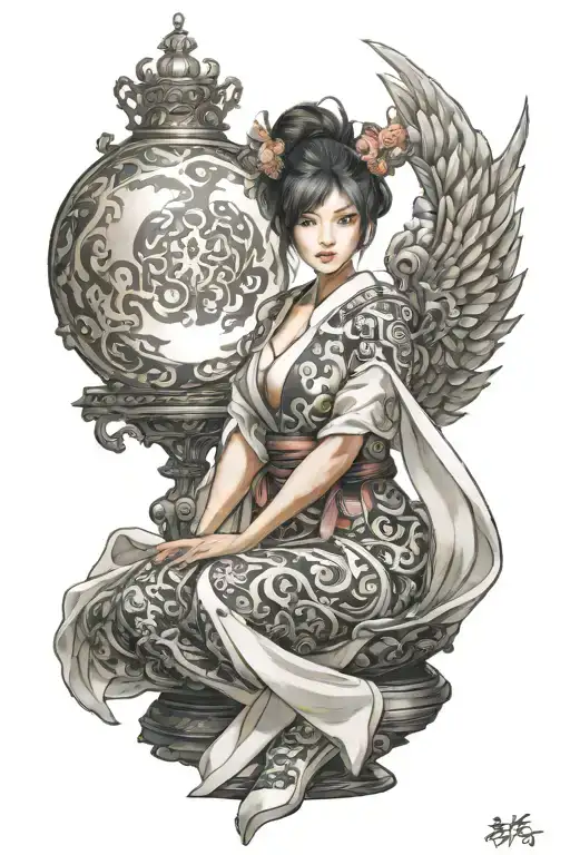 Beautiful Japanese woman, big boobs, handing you glowing orb of power, sitting down on throne tattoo design idea
