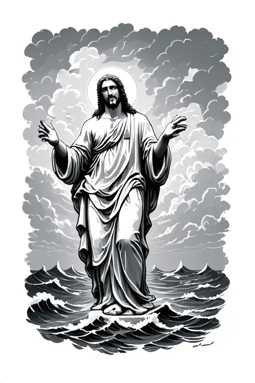 statue Christ with sea and storm clouds tattoo design idea