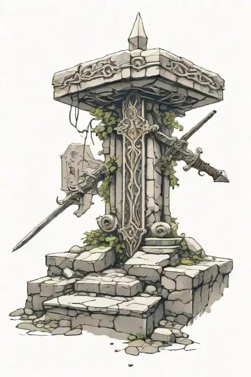 The sword Excalibur buried in a stone plinth on a modern city street. The city streets should form the background tattoo design idea
