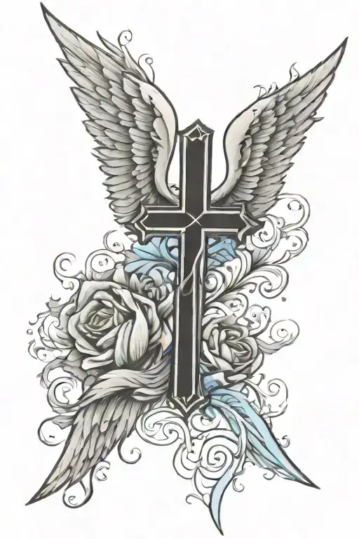 a simple black cross with angel wings spreading from behind. the angel wings have a hint of blue. forearm tattoo. tattoo design idea