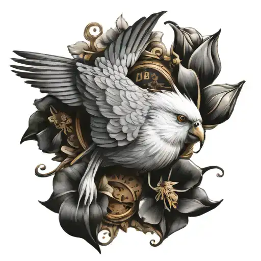 a cockatiel bird with a  clock in the backround for shoulder aswell as flowers for men tattoo design idea
