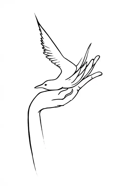 Minimalist one-line tattoo of a bird flying out of an open hand, drawn with a single continuous black line, abstract, cl tattoo design idea