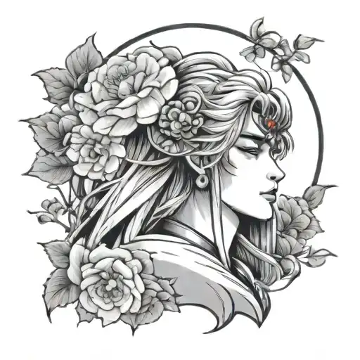 sesshomaru moon, face marking with flowers tattoo design idea