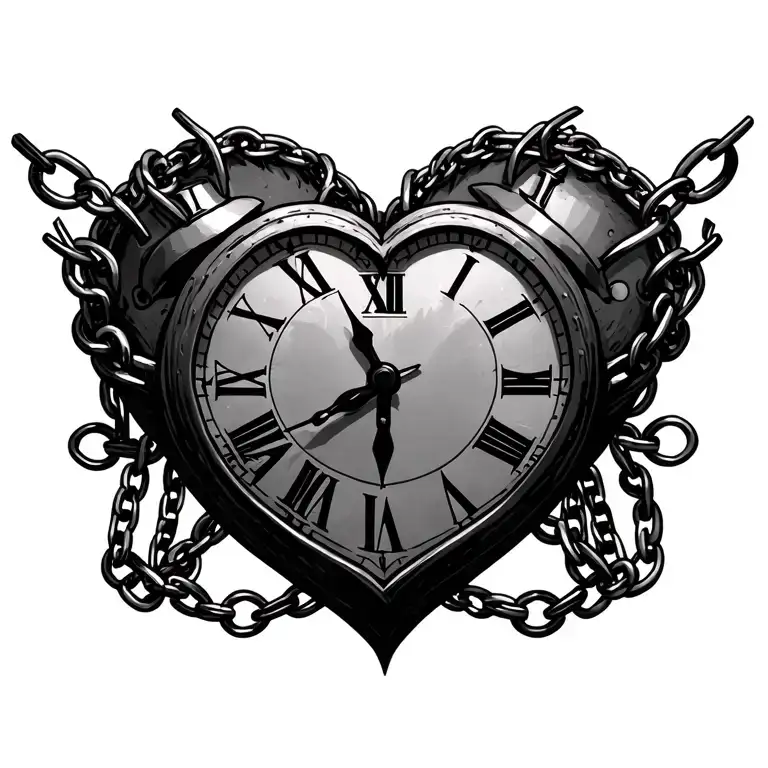 Heart clock chained tattoo design idea