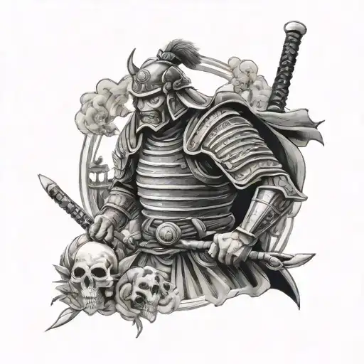 A ghostly samurai warrior from WW2 surrounded by eerie horror elements like skulls and bats tattoo design idea