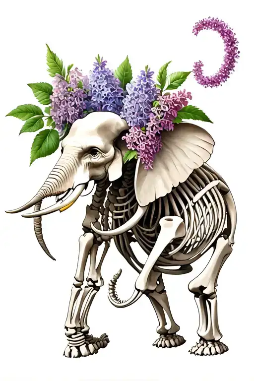 elephant skeleton with lilacs intertwined tattoo design idea