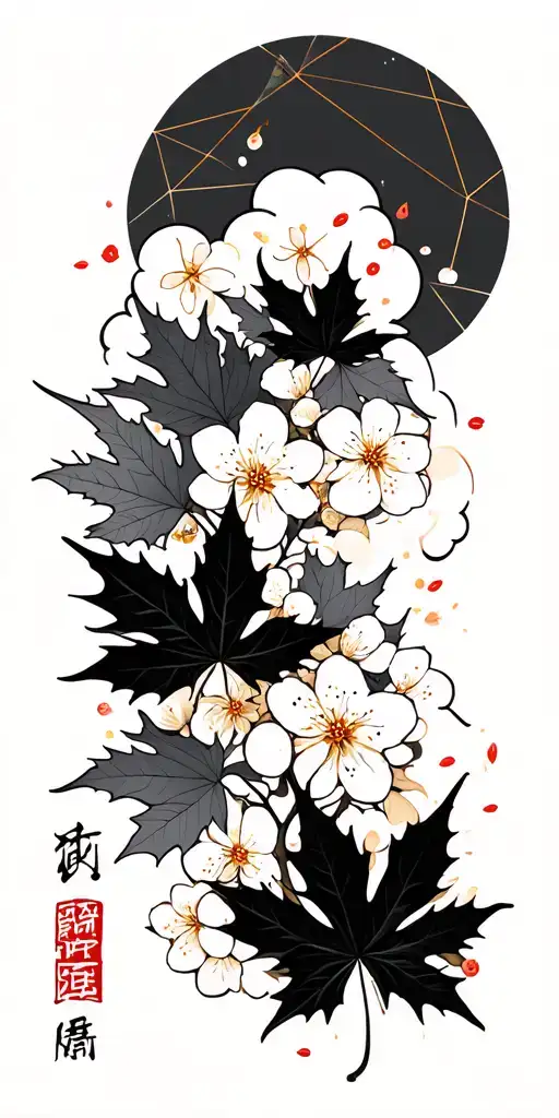 Japanese style maple leafs and cherry blossoms with black and amber shading cloud background with geometric elbow  tattoo design idea