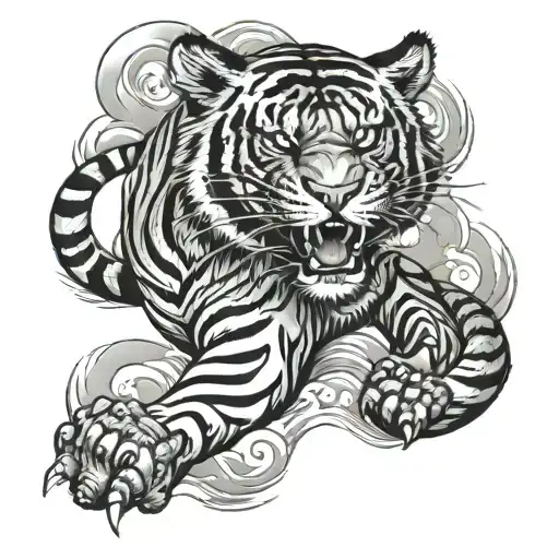 sun and tiger walking,black and white tattoo design idea