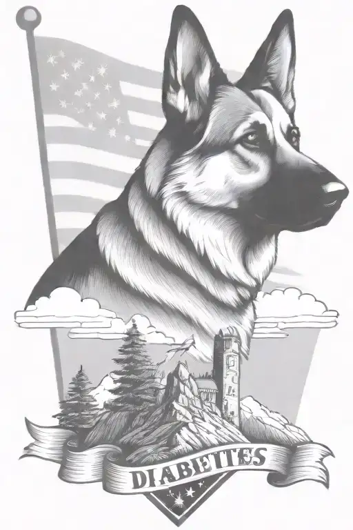 dark portrait german shepherd on a mountain peak American flag waving banner saying "diabetes" tattoo design idea