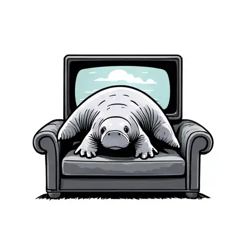 manatee on a couch watching tv screen tattoo design idea
