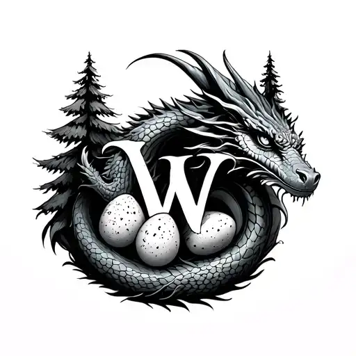 Fine line style, A mother dragon with 2 eggs, pine trees, music, the letter W and fantastical elements tattoo design idea