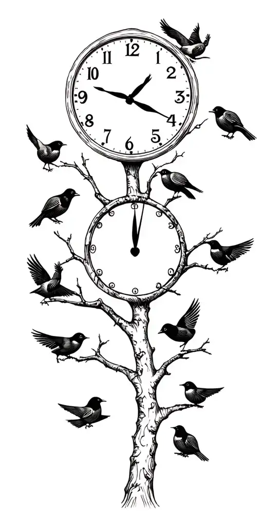 tree and clock and 2 adult birds and 3 baby birds tattoo design idea
