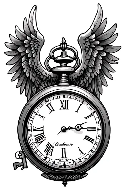 old key, pocket watch angel wings tattoo design idea