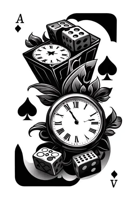 a clock playing cards dice symbolizing the gamble tattoo design idea