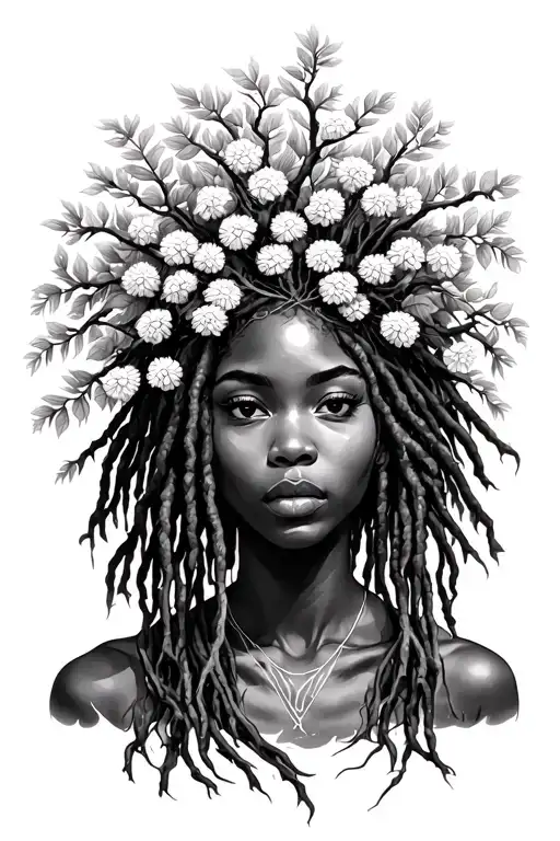 black woman with dreads as willow tree body made tattoo design idea