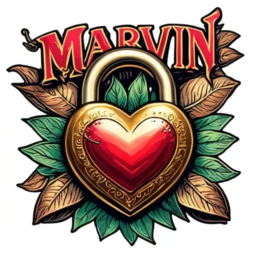 the word marvin with a Timeless peice with heart shaped lock tattoo design idea