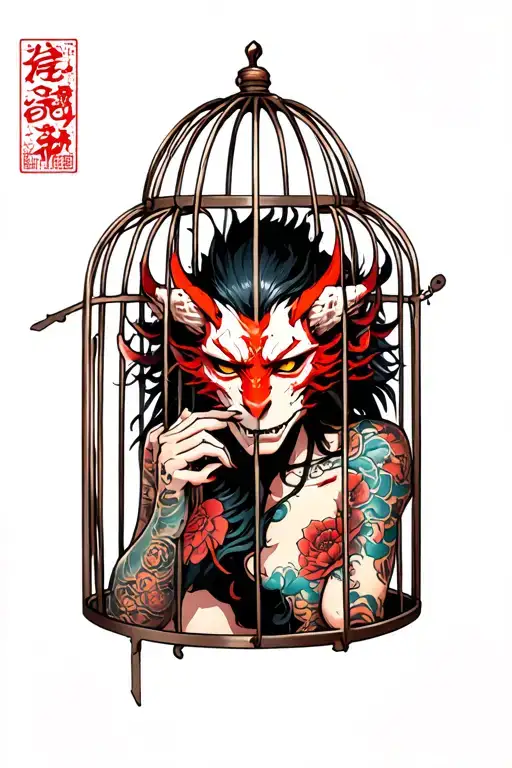 demon in cage behind torn skin and cross tattoo design idea