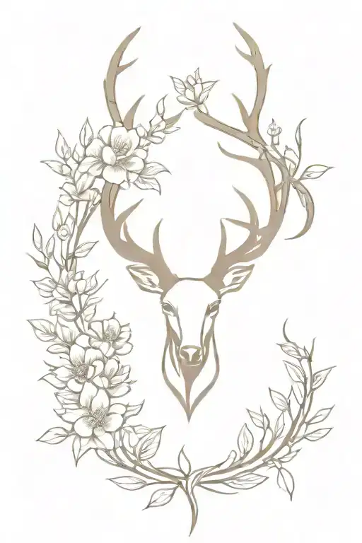 floral cross with deer horns emerging tattoo design idea