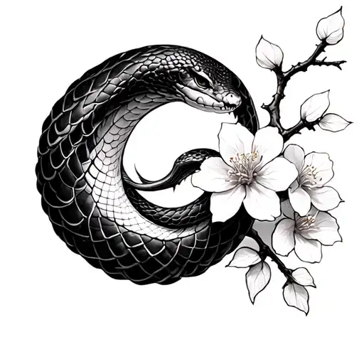 snake and sakura branch with crescent moon on collarbone tattoo design idea
