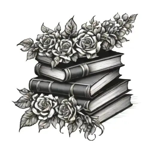 dark fantasy stack of book surrounded by bold floral tattoo design idea