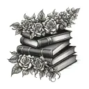 dark fantasy stack of book surrounded by bold floral tattoo design idea