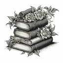 dark fantasy stack of book surrounded by bold floral tattoo design idea