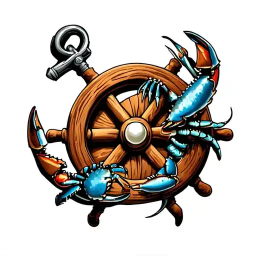 I want a quarter sleeve on my shoulder of an anchor with an old wooden ship wheel behind it with blue claw crab crawling tattoo design idea