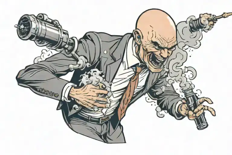 maniacal angry badass slender bald young man in a suit, torso holding a bottle and spraying a poof of mist like perfume  tattoo design idea