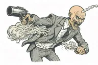 maniacal angry badass slender bald young man in a suit, torso holding a bottle and spraying a poof of mist like perfume  tattoo design idea