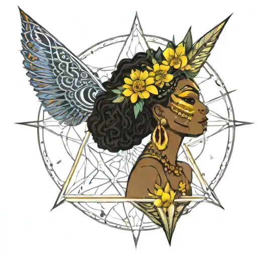 Oshun black goddess , third eye triangle with a sun of light making the ashun goddess and the triangle glowing, flower tattoo design idea