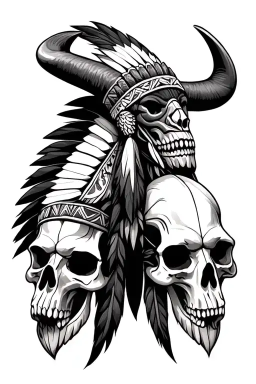 Native American skull and bull skull totem pole intertwined tattoo design idea