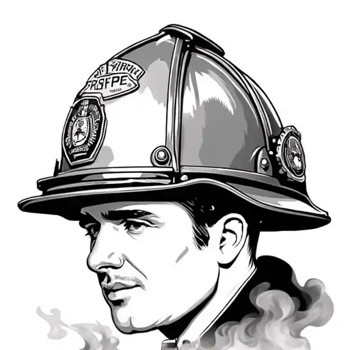 70s British firefighter station officer helmet with smoke in background  tattoo design idea