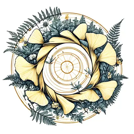 Ginkgo leaves forming a spiral around a golden ratio circle, with delicate wildflowers and fern details tattoo design idea