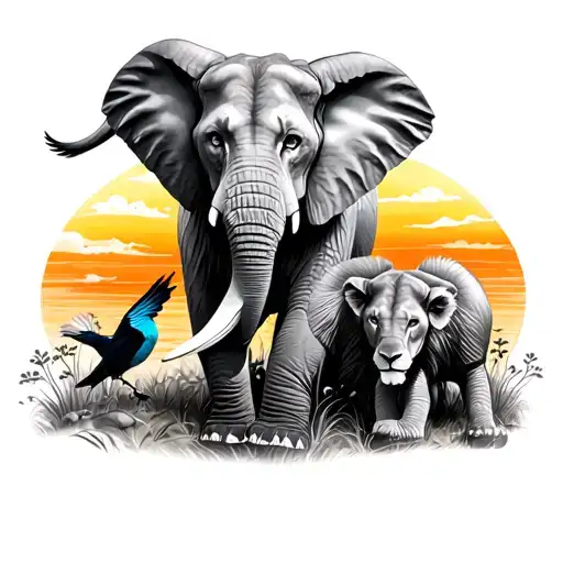 lion and cub sunset elephant 3 birds tattoo design idea